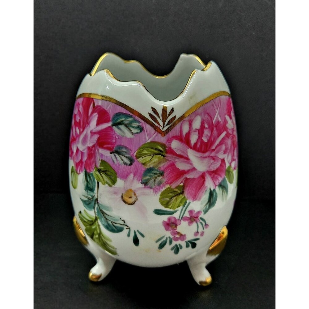 Vintage FORMALITIES Baum Bros. Egg Vase Pink Floral 18 Kt Gold Trim.